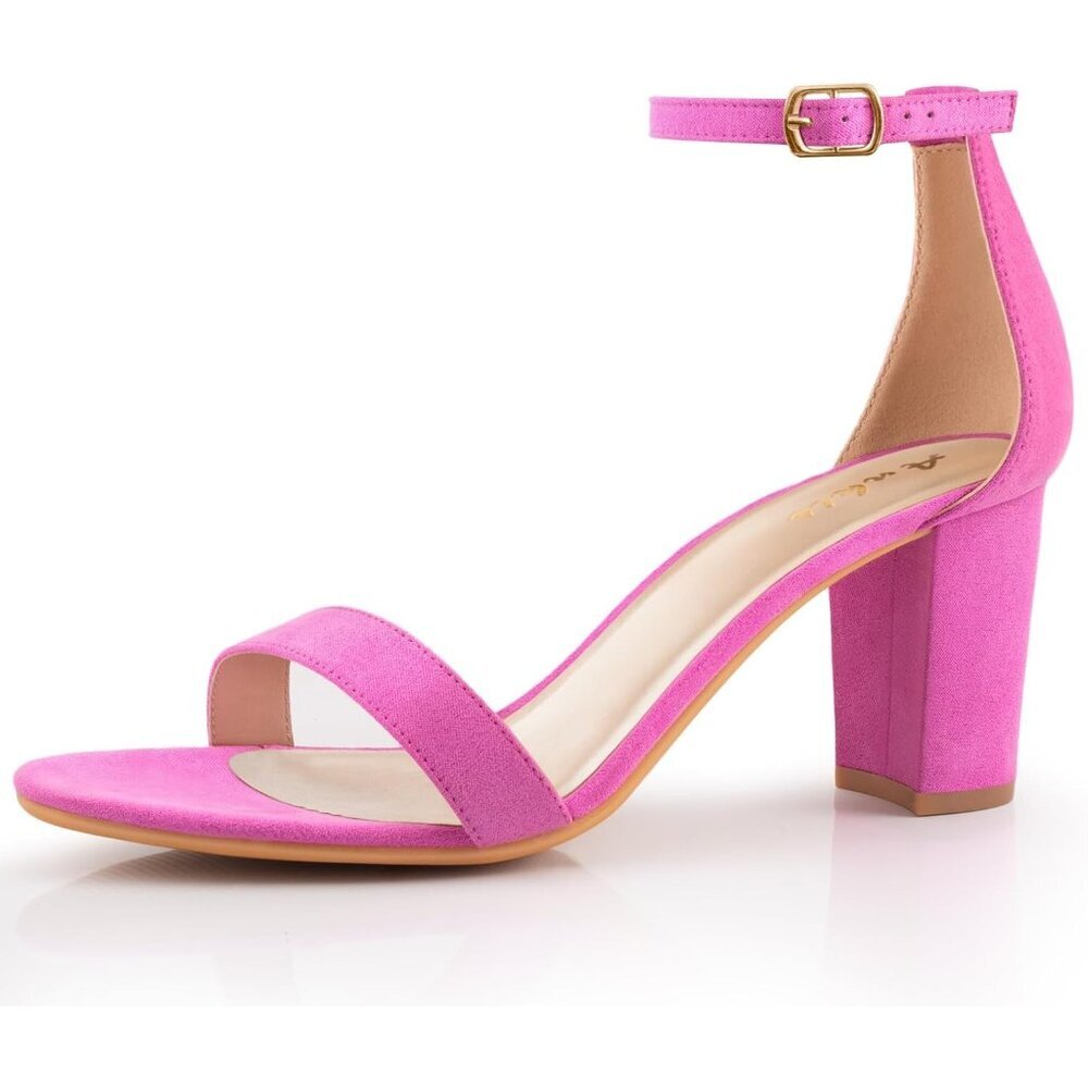 〽️Womens Pink Suede Open Toe Ankle Strap Chunky Heel Sandals with 2.75 Inch Heel